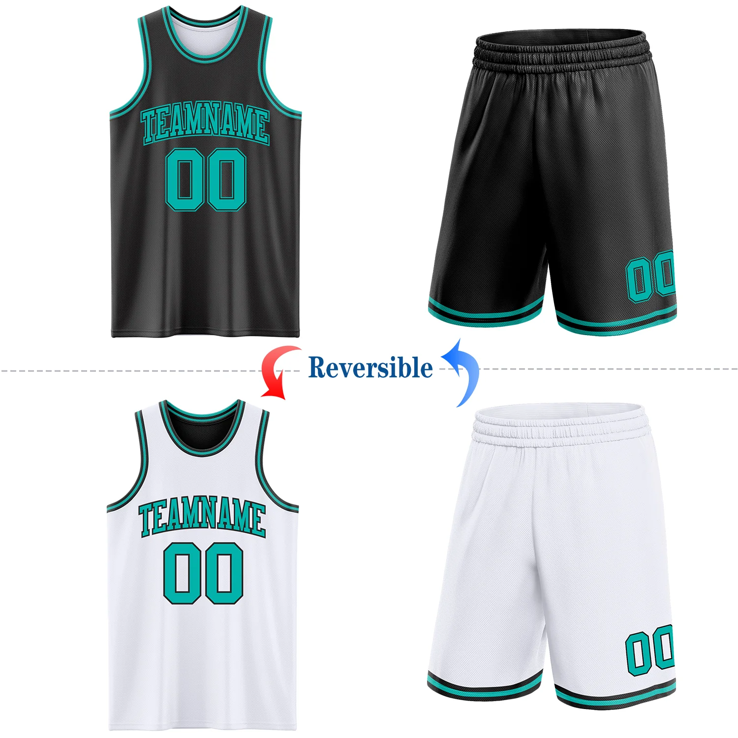 Custom Reversible Black Aqua Double Side Sublimation Basketball Suit Jersey - Image 2