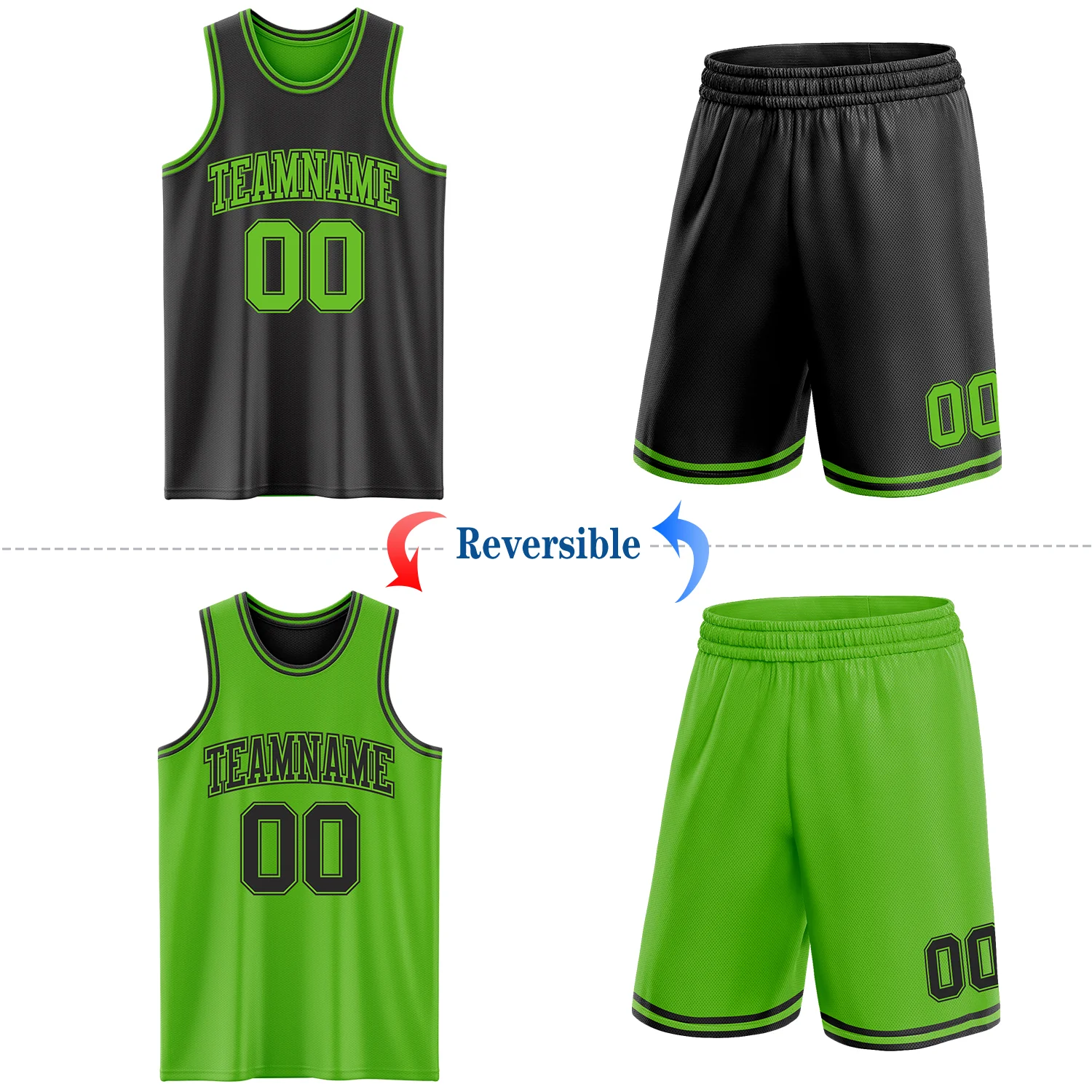 Custom Reversible Black Aurora Green Double Side Sublimation Basketball Suit Jersey - Image 2