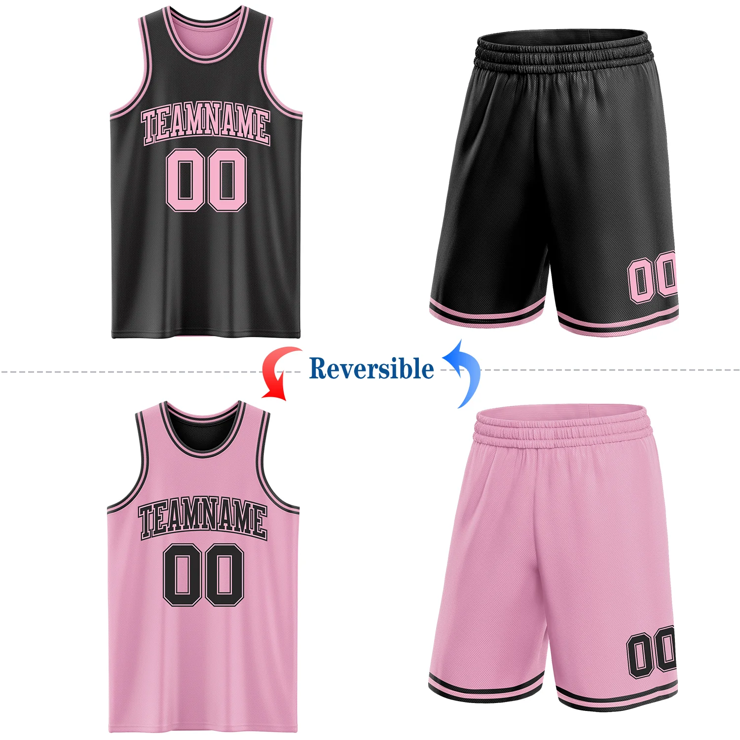Custom Reversible Black Light Pink Double Side Sublimation Basketball Suit Jersey - Image 2