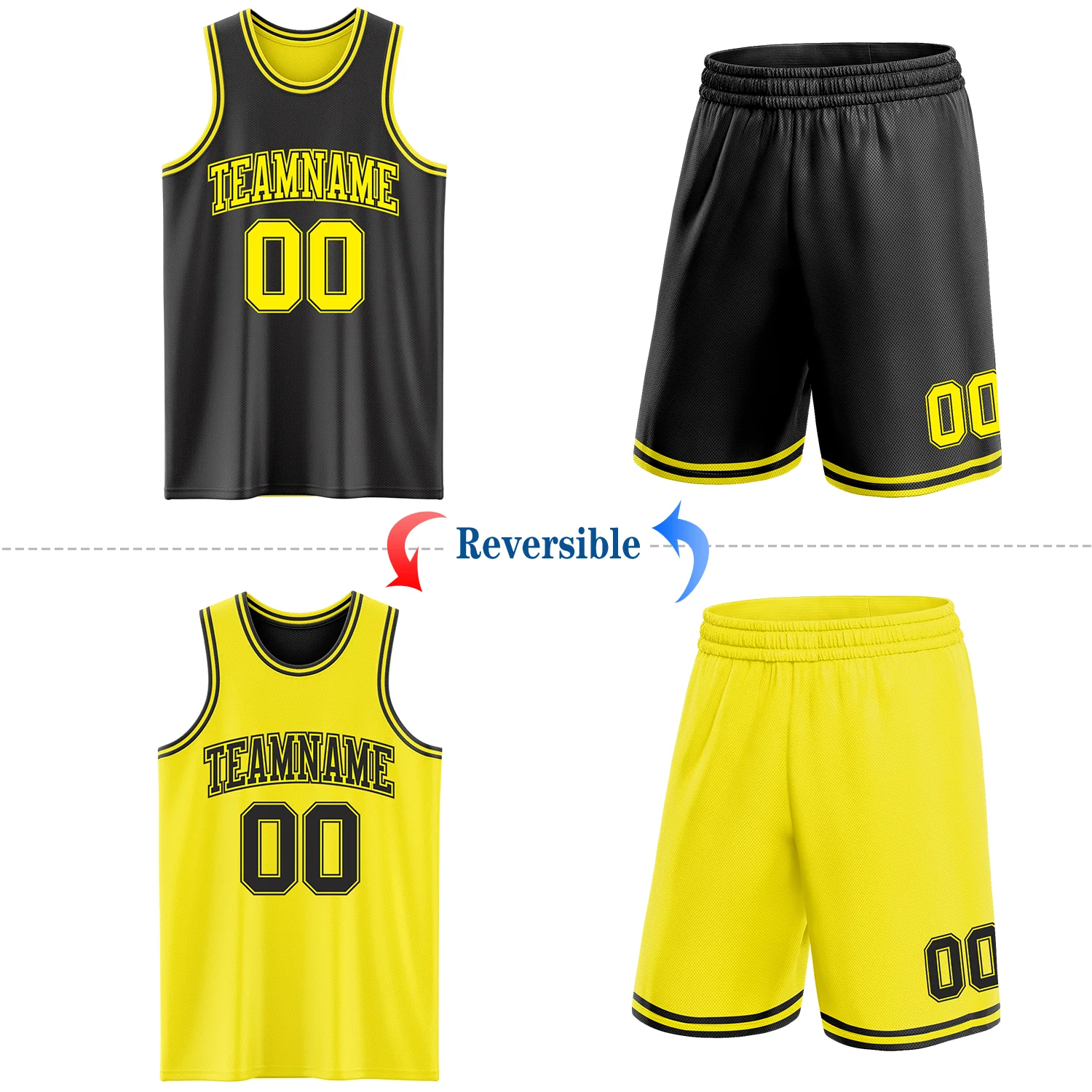 Custom Reversible Black Light Yellow Double Side Sublimation Basketball Suit Jersey - Image 2