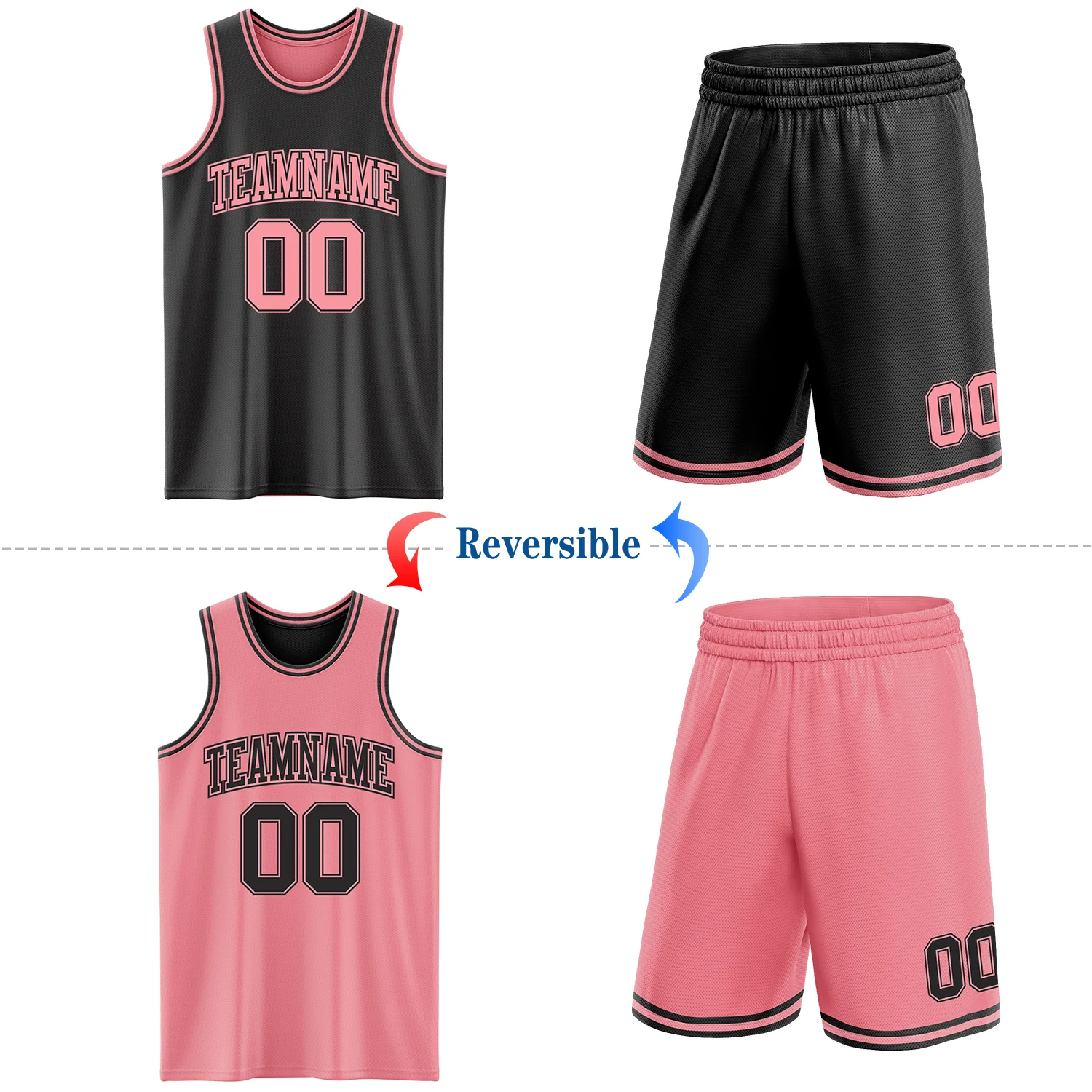 Custom Reversible Black Medium Pink Double Side Sublimation Basketball Suit Jersey - Image 2