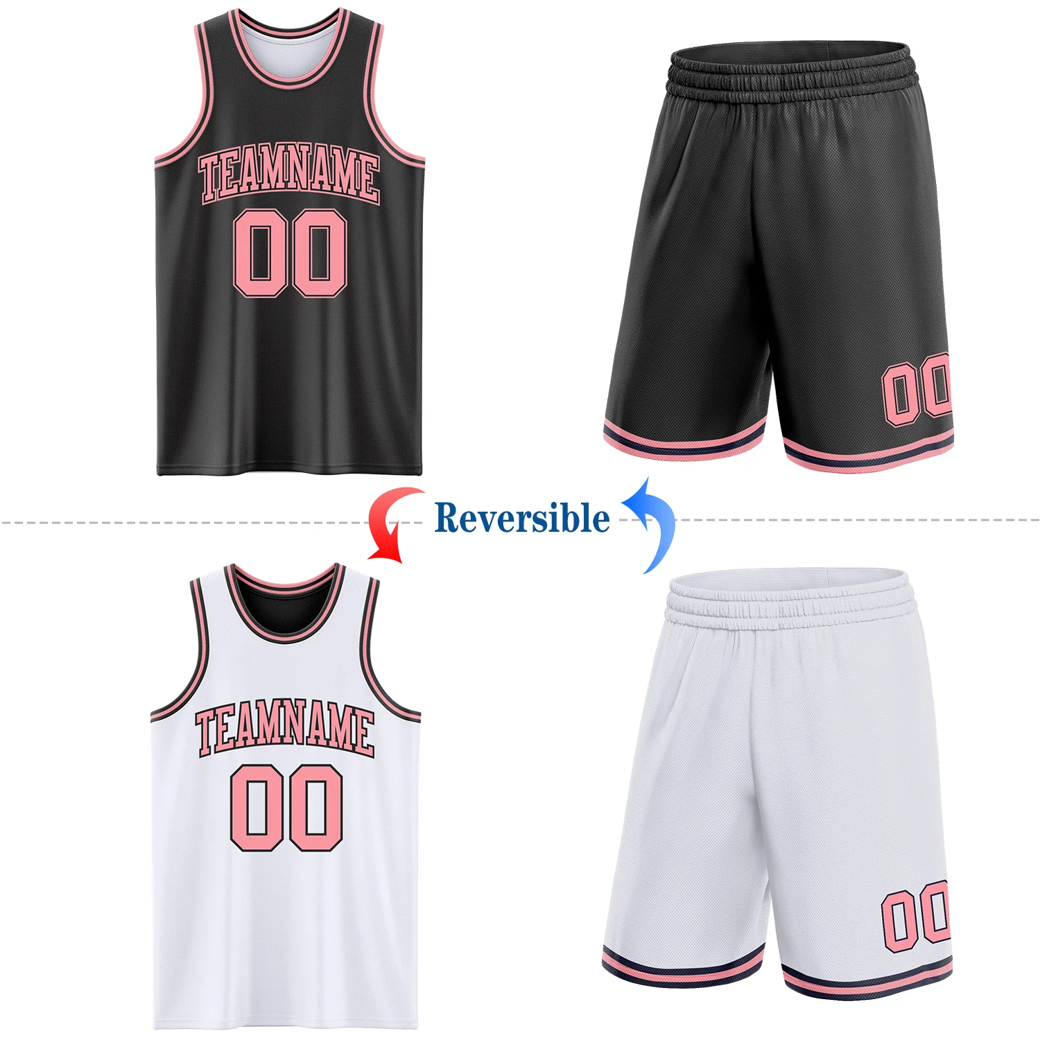 Custom Reversible Black Medium Pink Double Side Sublimation Basketball Suit Jersey - Image 2