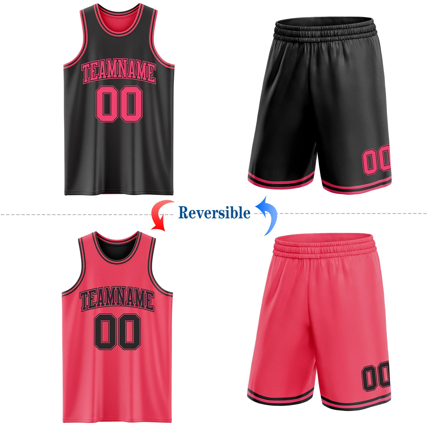 Custom Reversible Black Neon Pink Double Side Sublimation Basketball Suit Jersey - Image 2