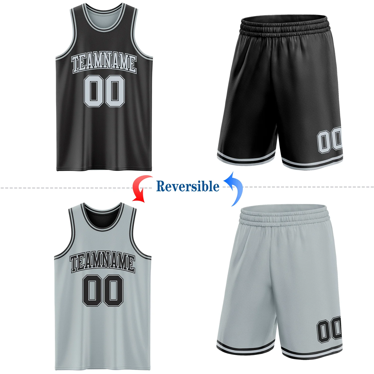Custom Reversible Black Silver Double Side Sublimation Basketball Suit Jersey - Image 2