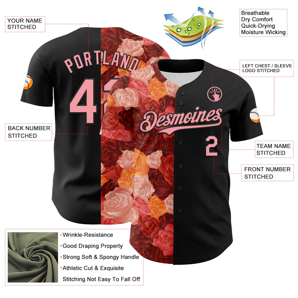 Custom Black Medium Pink 3D Ambartive Rose Pattern Authentic Baseball Jersey - Image 3