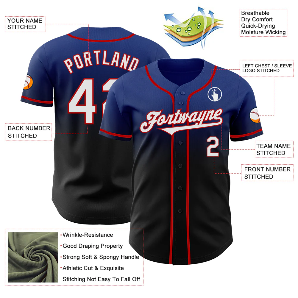 Custom Royal Black-Red Authentic Fade Fashion Baseball Jersey - Image 3