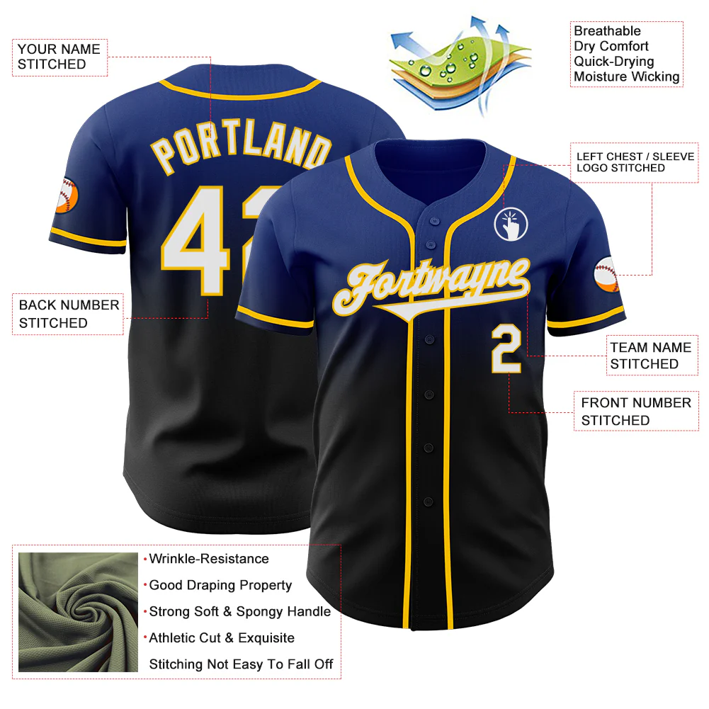 Custom Royal Black-Yellow Authentic Fade Fashion Baseball Jersey - Image 3