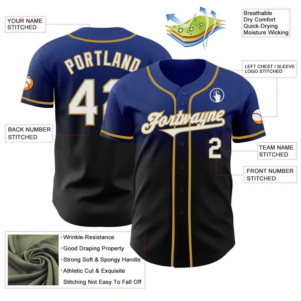 Custom Royal Black-Old Gold Authentic Fade Fashion Baseball Jersey - Image 3