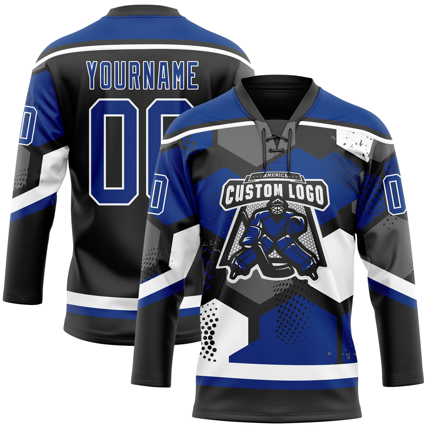 Custom Royal Black-White 3D Pattern Geometric Shape Hockey Lace Neck Jersey - Image 2