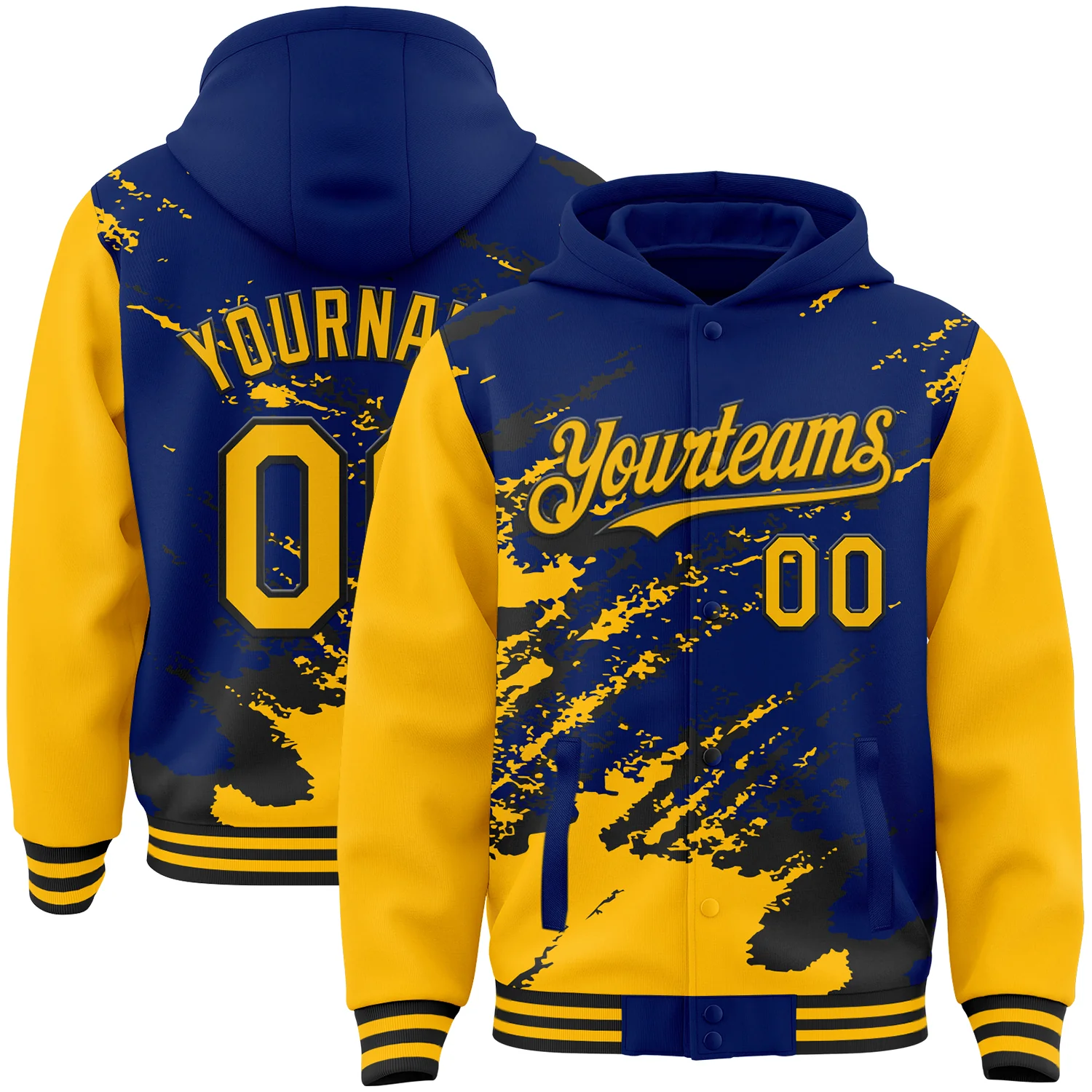 Custom Royal Gold-Black Splash Art 3D Pattern Design Bomber Full-Snap Varsity Letterman Hoodie Jacket