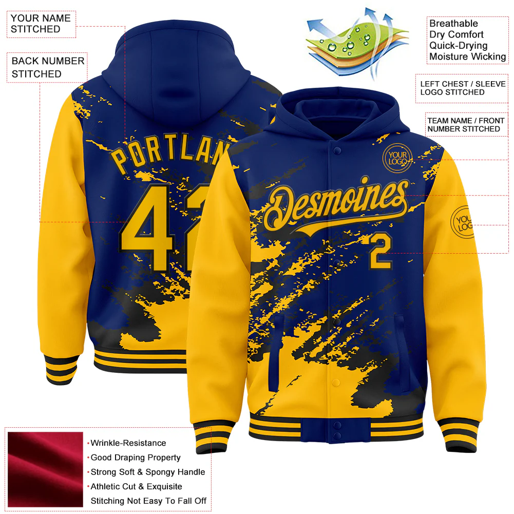 Custom Royal Gold-Black Splash Art 3D Pattern Design Bomber Full-Snap Varsity Letterman Hoodie Jacket - Image 4