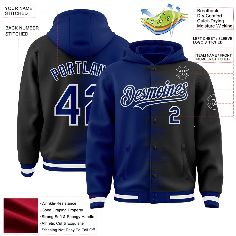 Custom Royal Black-White Gradient Line Bomber Full-Snap Varsity Letterman Hoodie Jacket - Image 4
