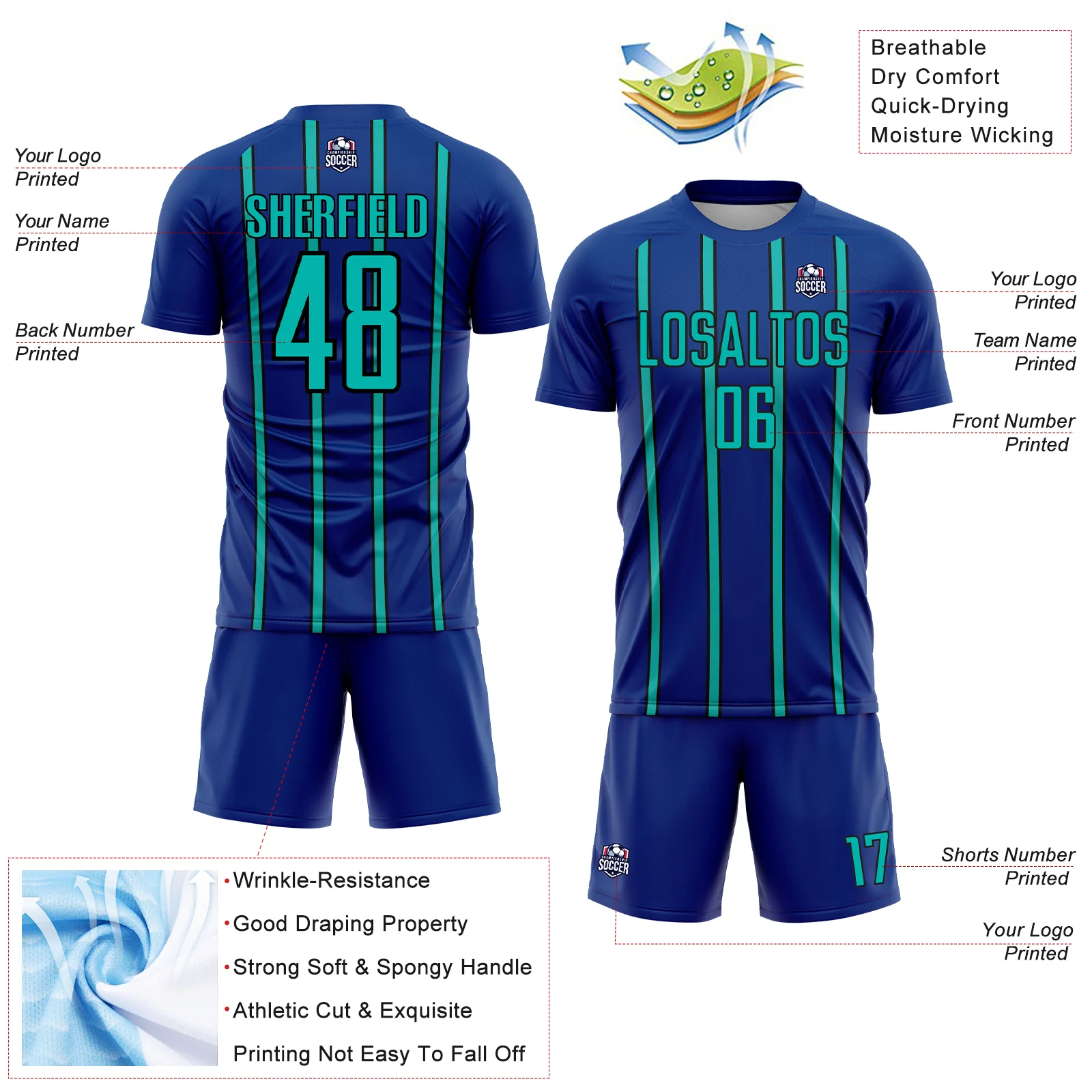 Custom Royal Aqua-Black Stripe Line Sublimation Soccer Uniform Jersey - Image 4