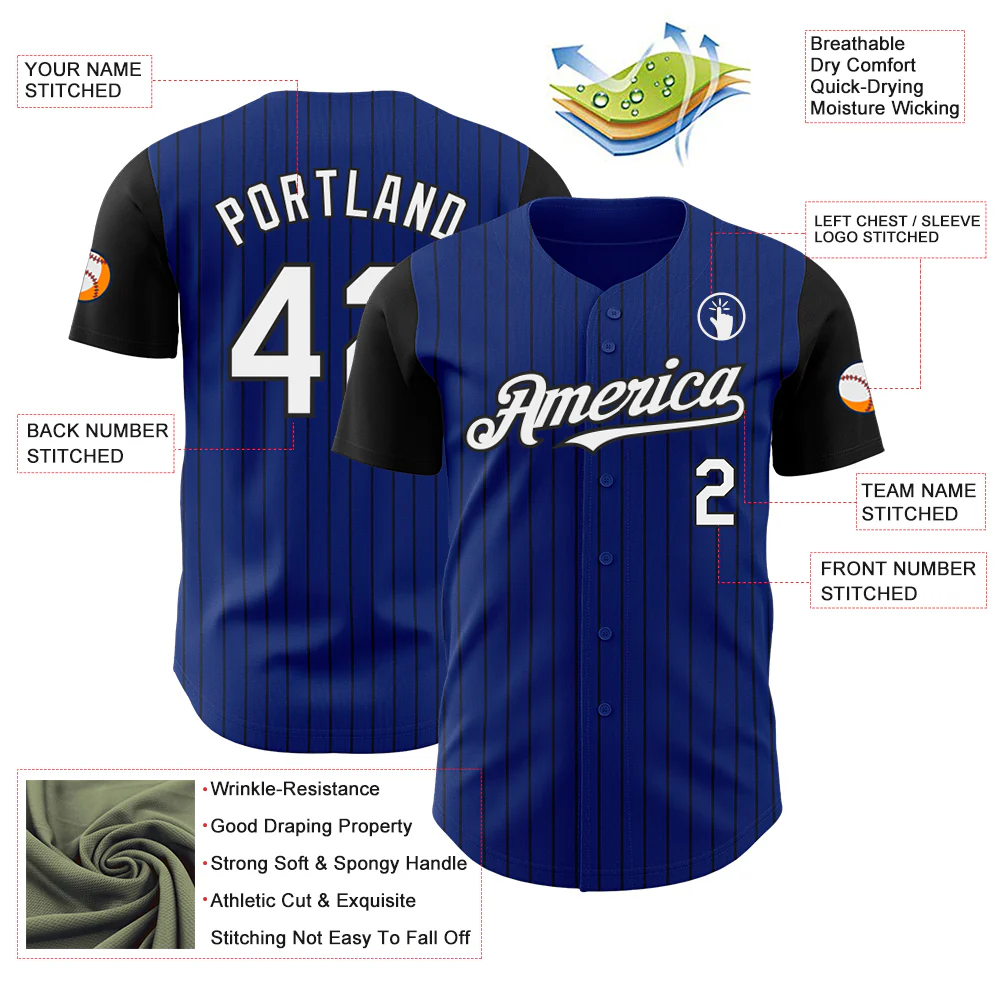 Custom Royal Black Pinstripe White Authentic Two Tone Baseball Jersey - Image 3