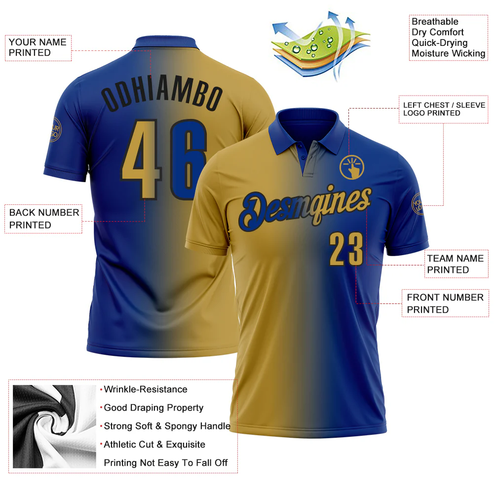Custom Royal Old Gold-Black 3D Gradient Fashion Performance Polo Shirt - Image 3