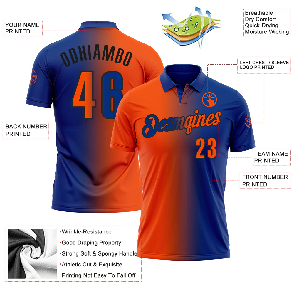 Custom Royal Orange-Black 3D Gradient Fashion Performance Polo Shirt - Image 3
