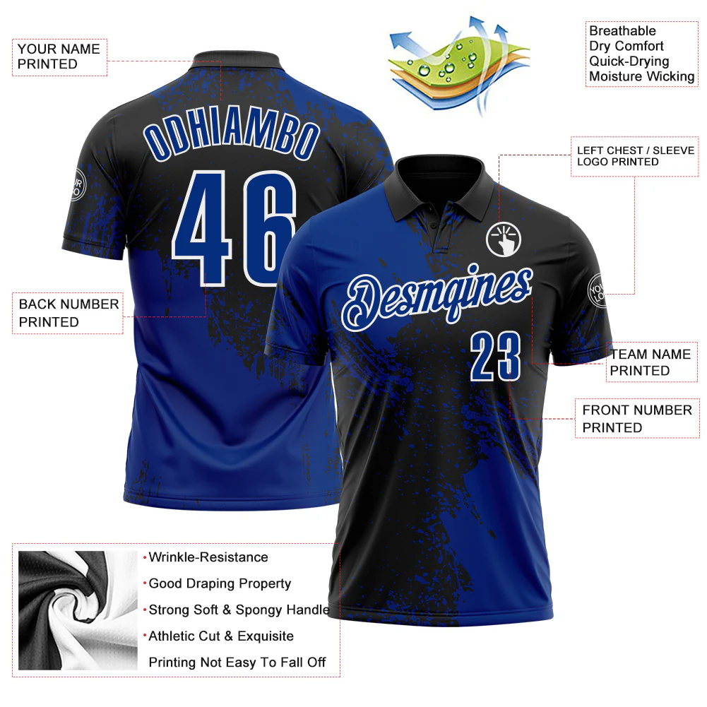 Custom Royal Black-White 3D Pattern Design Abstract Brush Stroke Performance Polo Shirt - Image 3