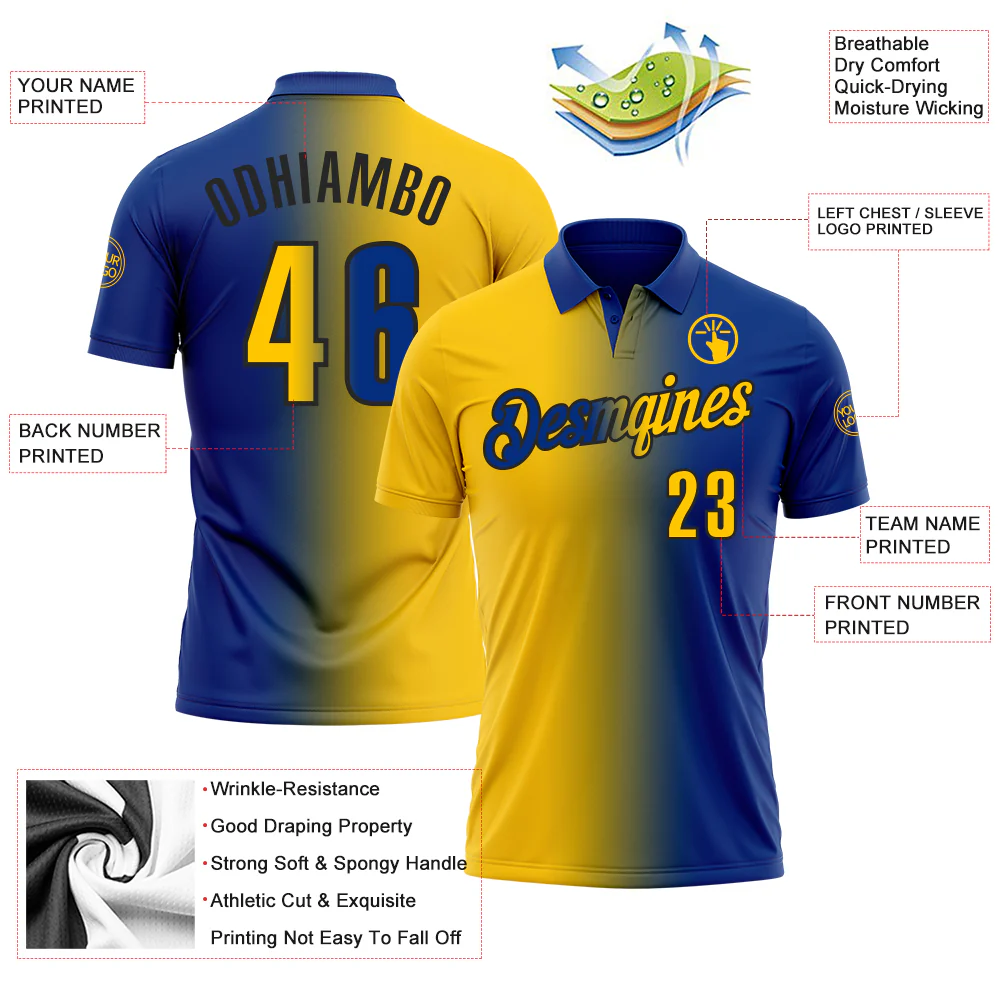Custom Royal Yellow-Black 3D Gradient Fashion Performance Polo Shirt - Image 3