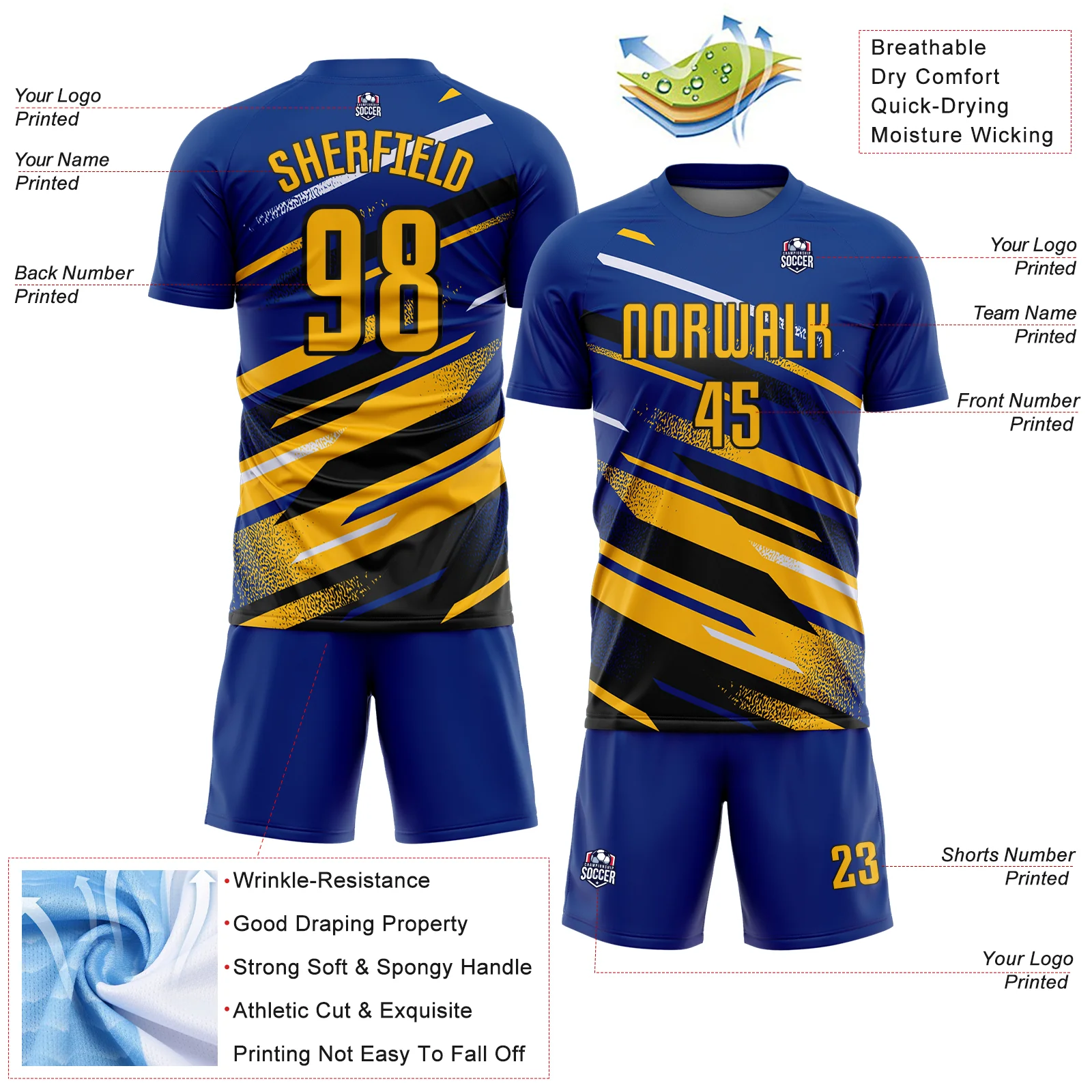 Custom Royal Gold Black-White Grunge Stripe And Grainy Sports Sublimation Soccer Uniform Jersey - Image 4