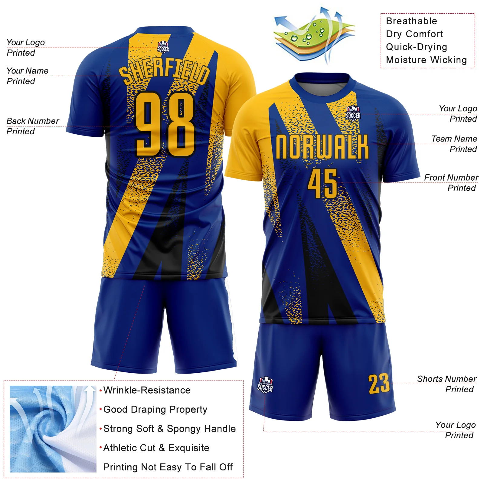 Custom Royal Gold-Black Radial Burst Sports Sublimation Soccer Uniform Jersey - Image 4