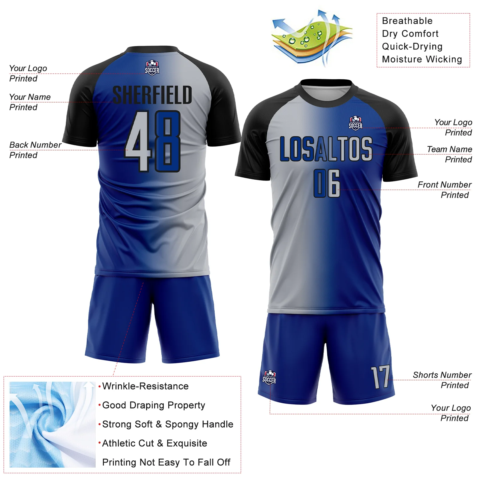 Custom Royal Gray-Black Sublimation Gradient Fashion Soccer Uniform Jersey - Image 4