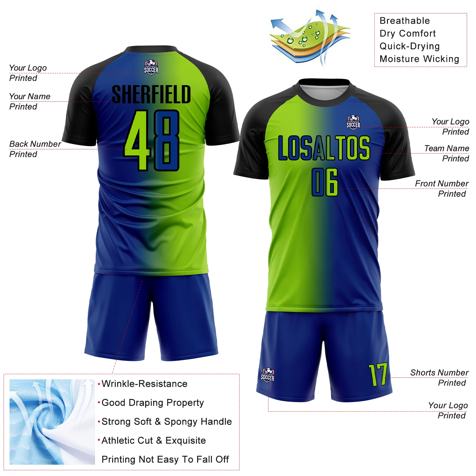 Custom Royal Neon Green-Black Sublimation Gradient Fashion Soccer Uniform Jersey - Image 4