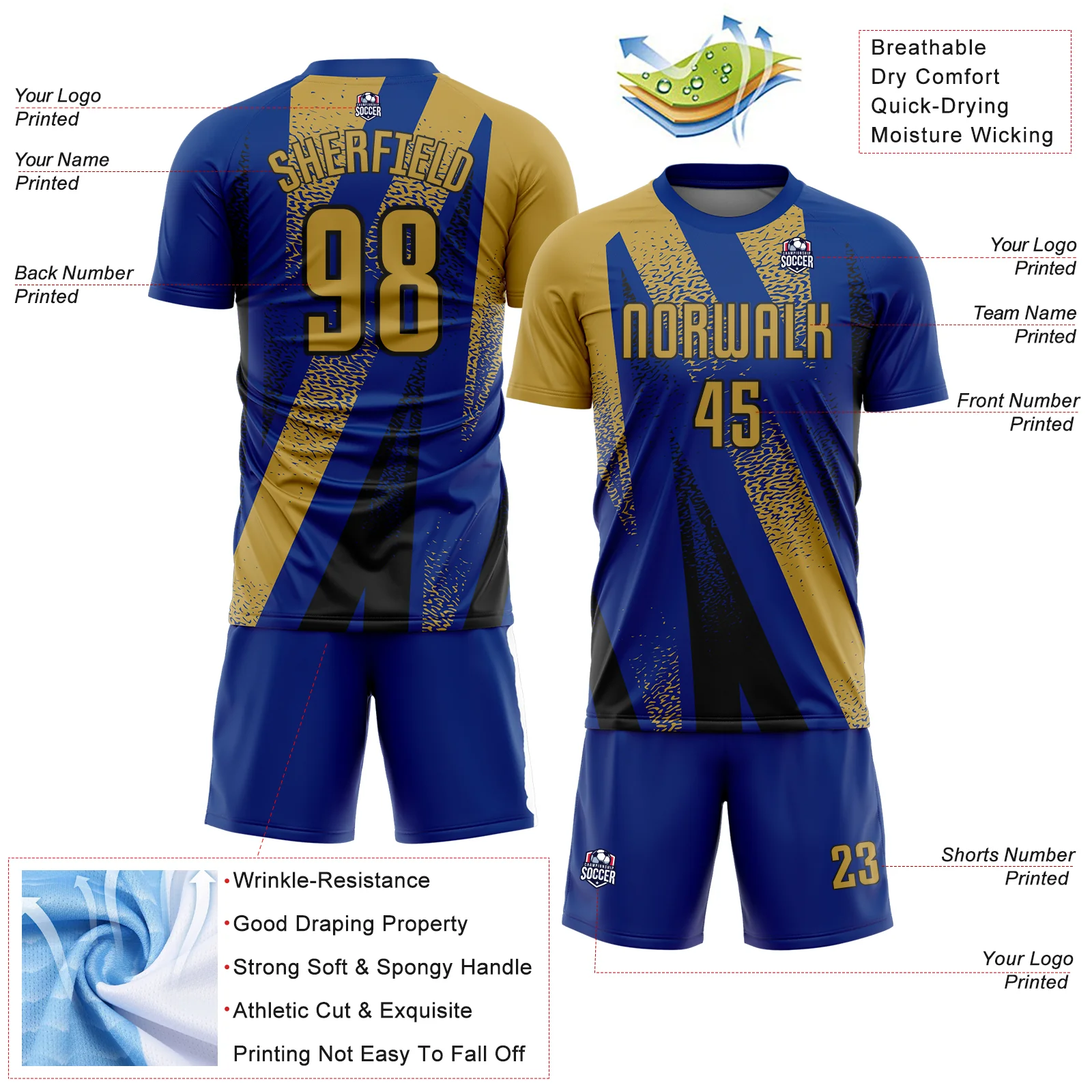 Custom Royal Old Gold-Black Radial Burst Sports Sublimation Soccer Uniform Jersey - Image 4