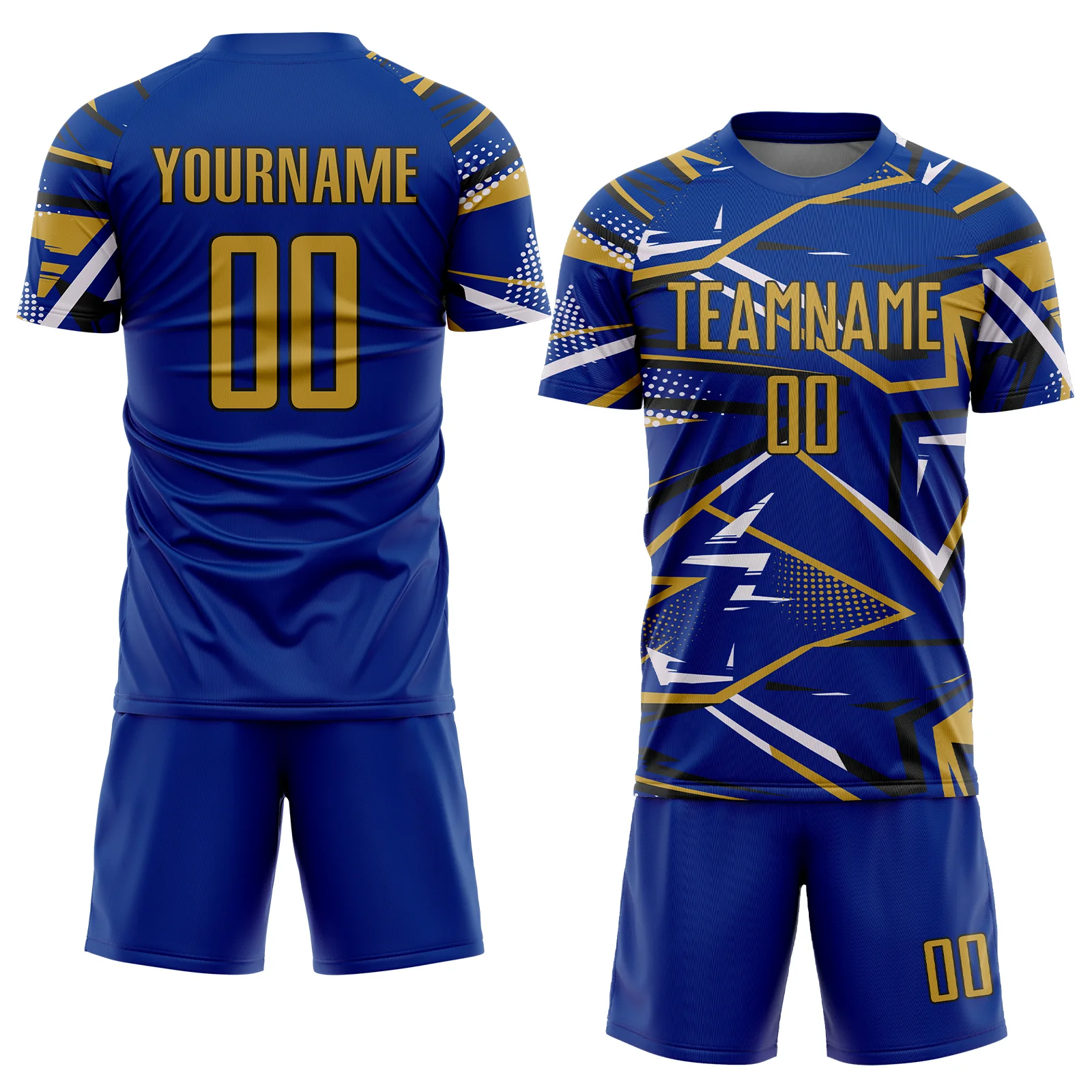 Custom Royal Old Gold Black-White Abstract Geometric Stripes Sports Sublimation Soccer Uniform Jersey - Image 2