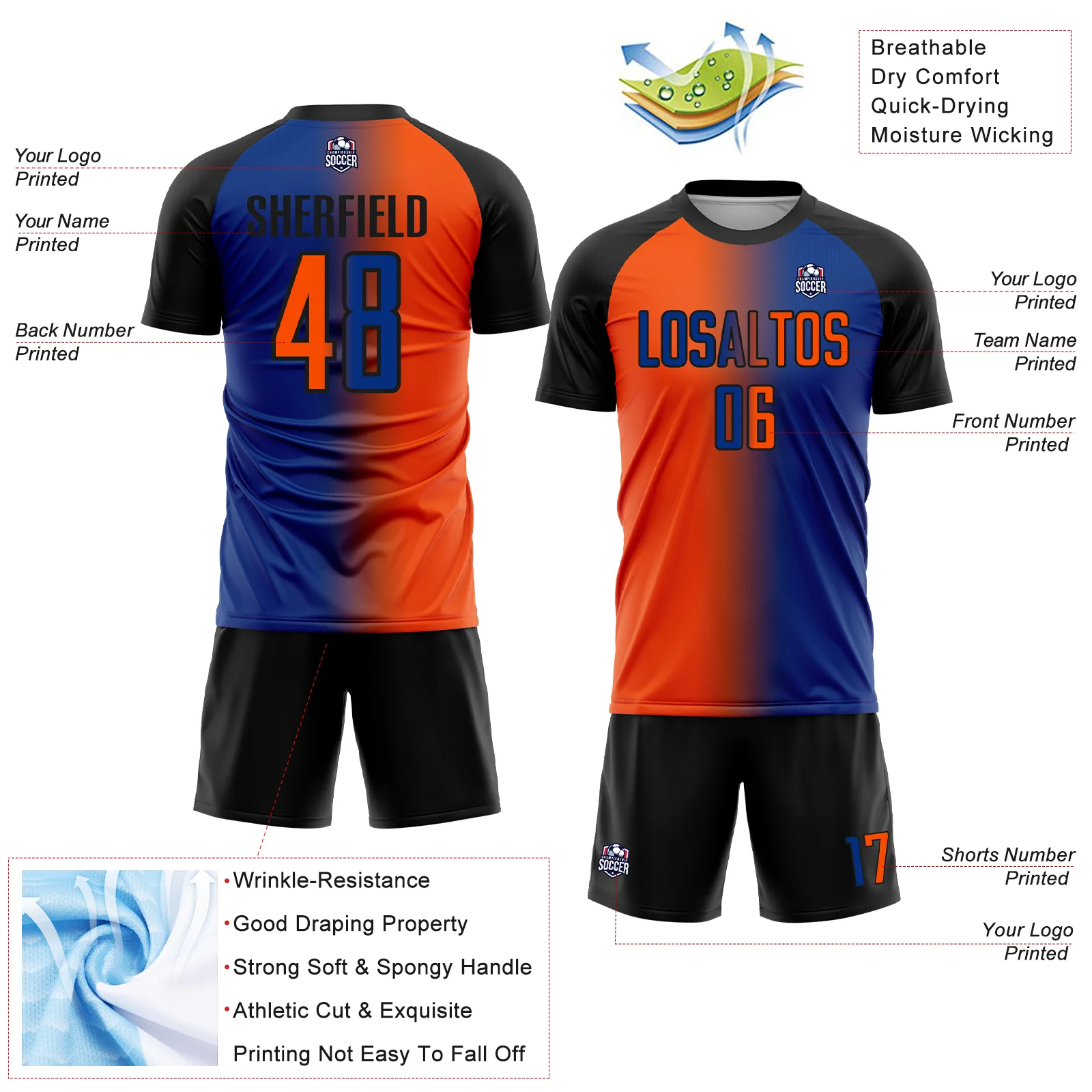 Custom Royal Orange-Black Sublimation Gradient Fashion Soccer Uniform Jersey - Image 4