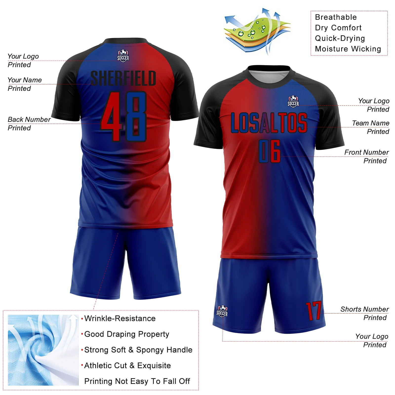 Custom Royal Red-Black Sublimation Gradient Fashion Soccer Uniform Jersey - Image 4