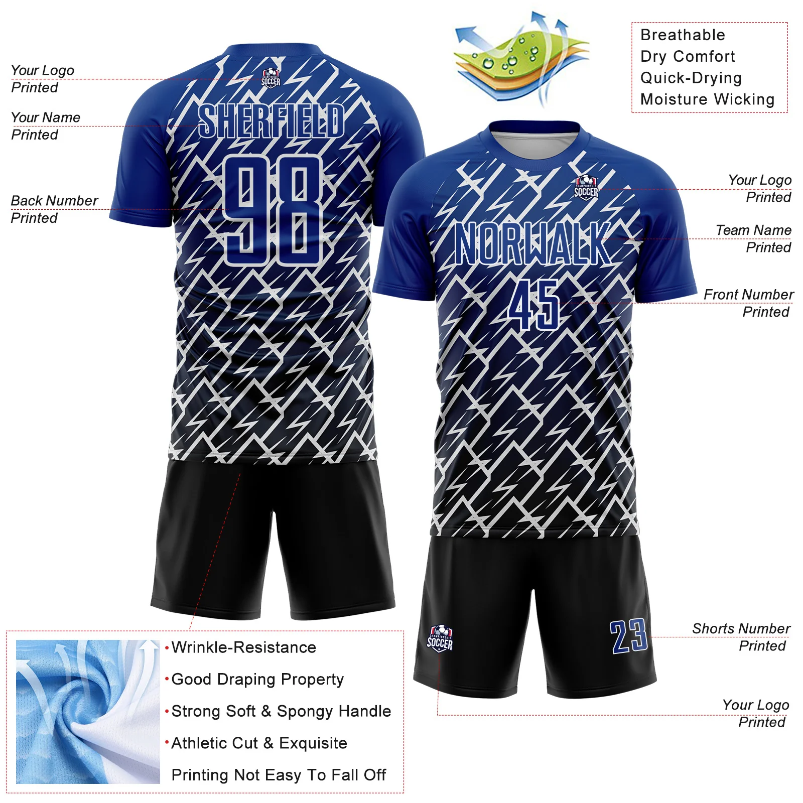 Custom Royal Black-White Lightning Sports Sublimation Soccer Uniform Jersey - Image 4