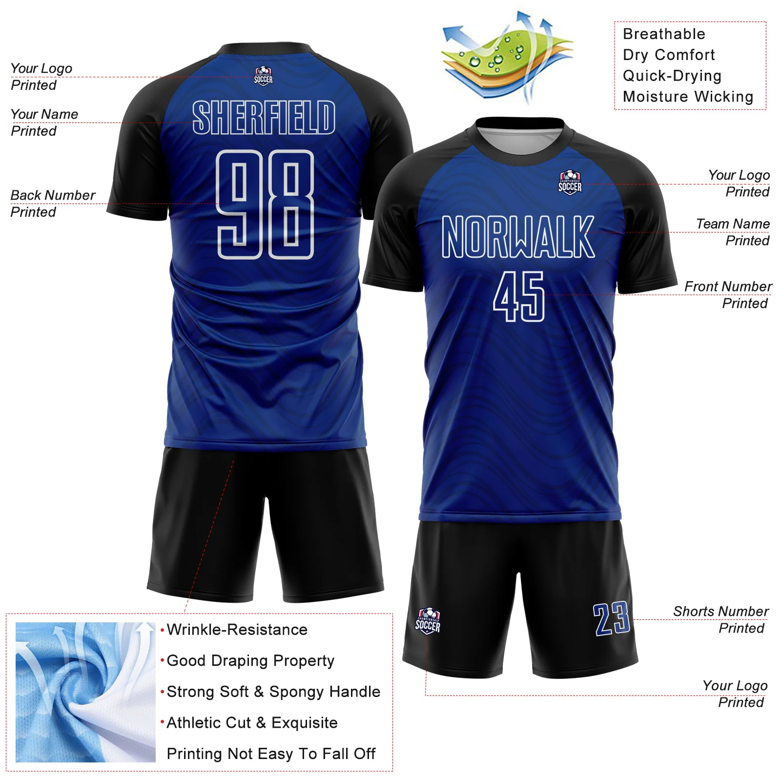 Custom Royal Black-White Wavy Lines Sports Sublimation Soccer Uniform Jersey - Image 4