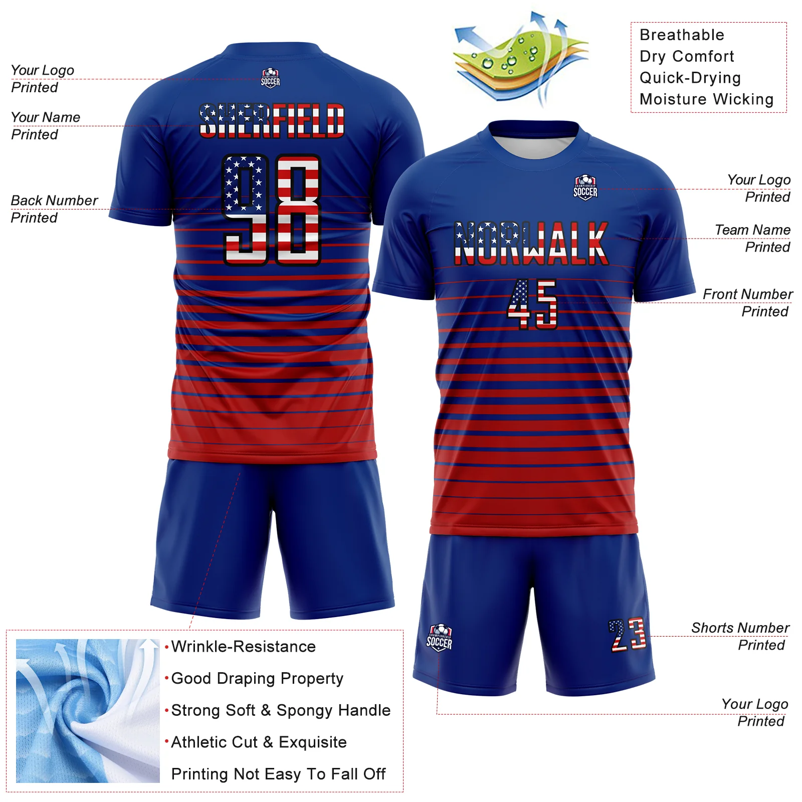 Custom Royal Vintage USA Flag Black-Red Gradient Pinstripe Sublimation Soccer Uniform Jersey - Image 4