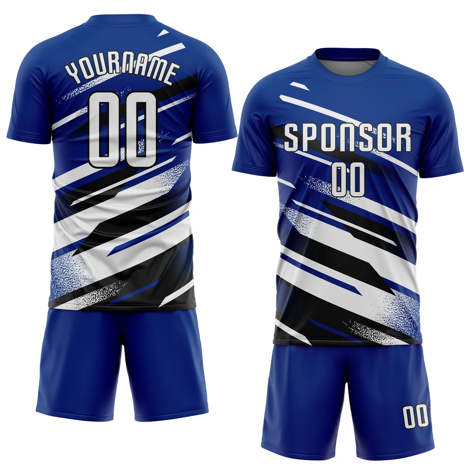Custom Royal White-Black Grunge Stripe And Grainy Sports Sublimation Soccer Uniform Jersey - Image 2