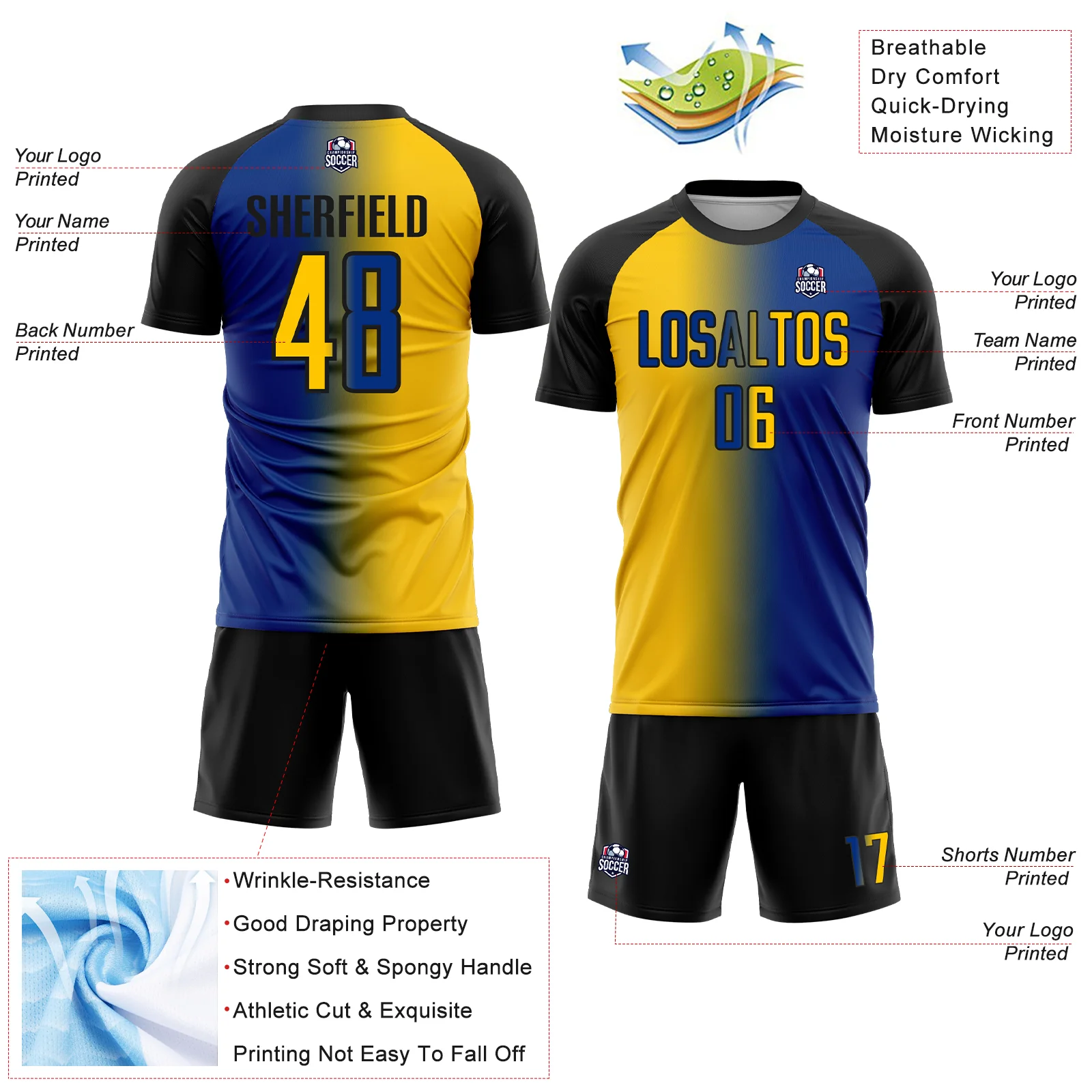 Custom Royal Yellow-Black Sublimation Gradient Fashion Soccer Uniform Jersey - Image 4