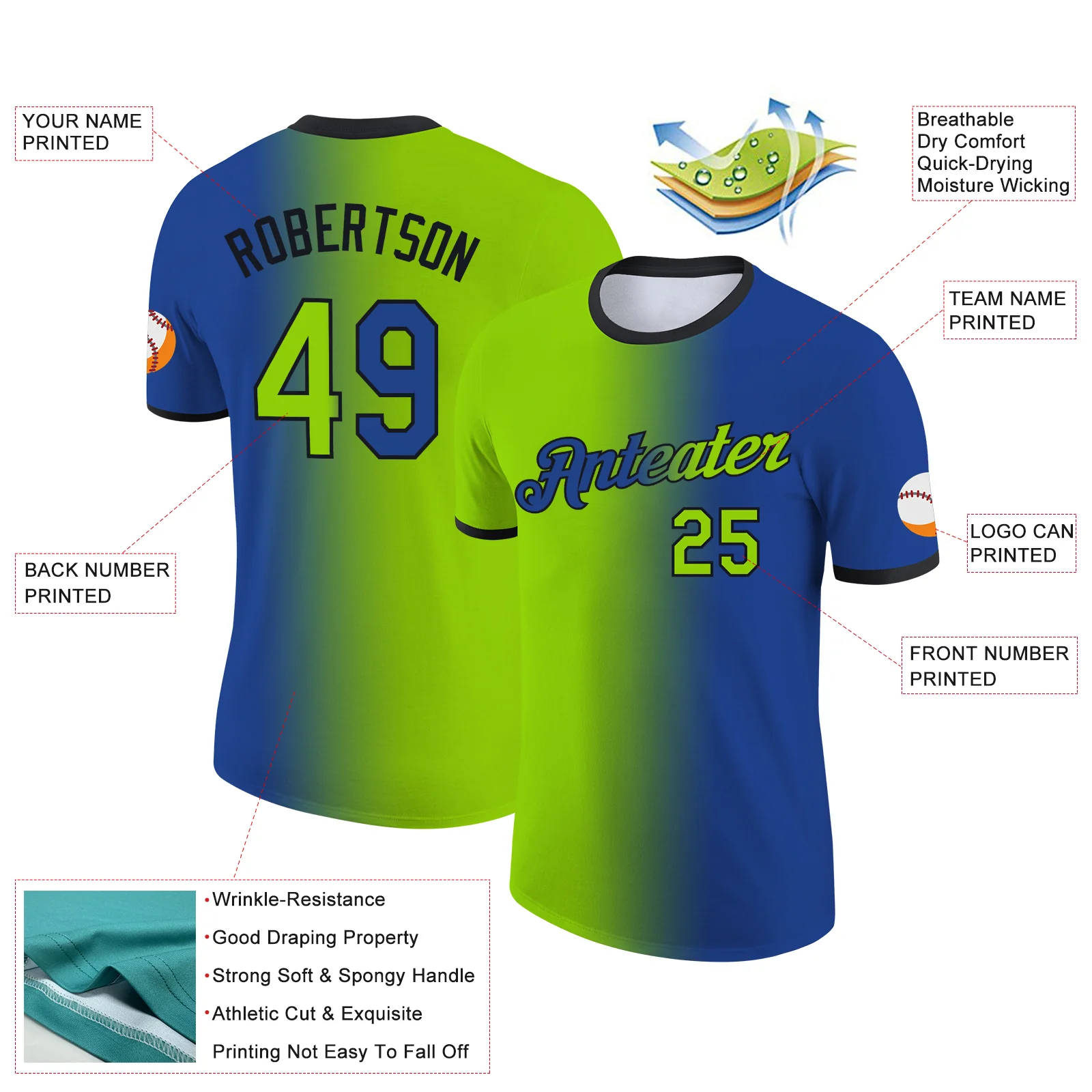 Custom Royal Neon Green-Black Gradient Fashion Performance T-Shirt - Image 2