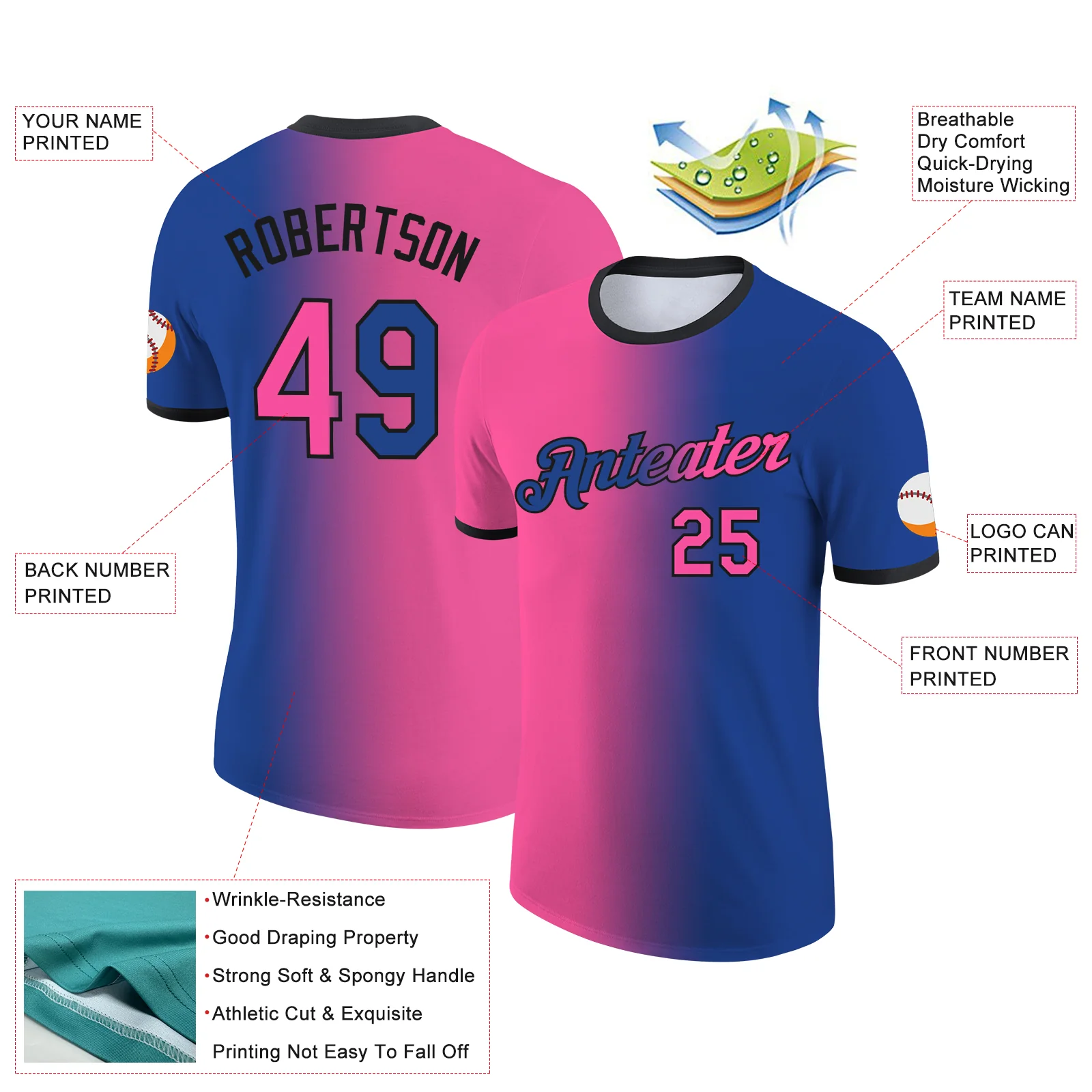 Custom Royal Pink-Black Gradient Fashion Performance T-Shirt - Image 2
