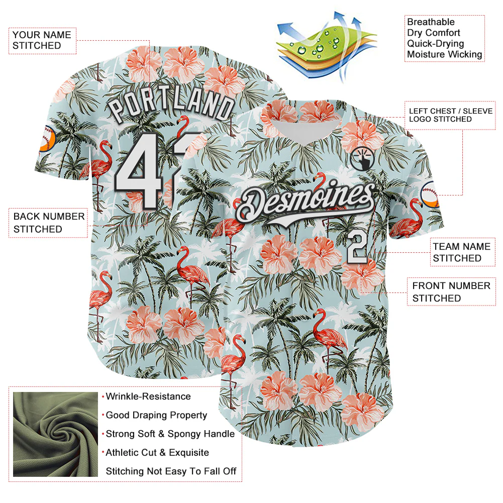 Custom Shadow Blue White-Black 3D Hawaii Tropical Palm Tree Flamingo Authentic Baseball Jersey - Image 3