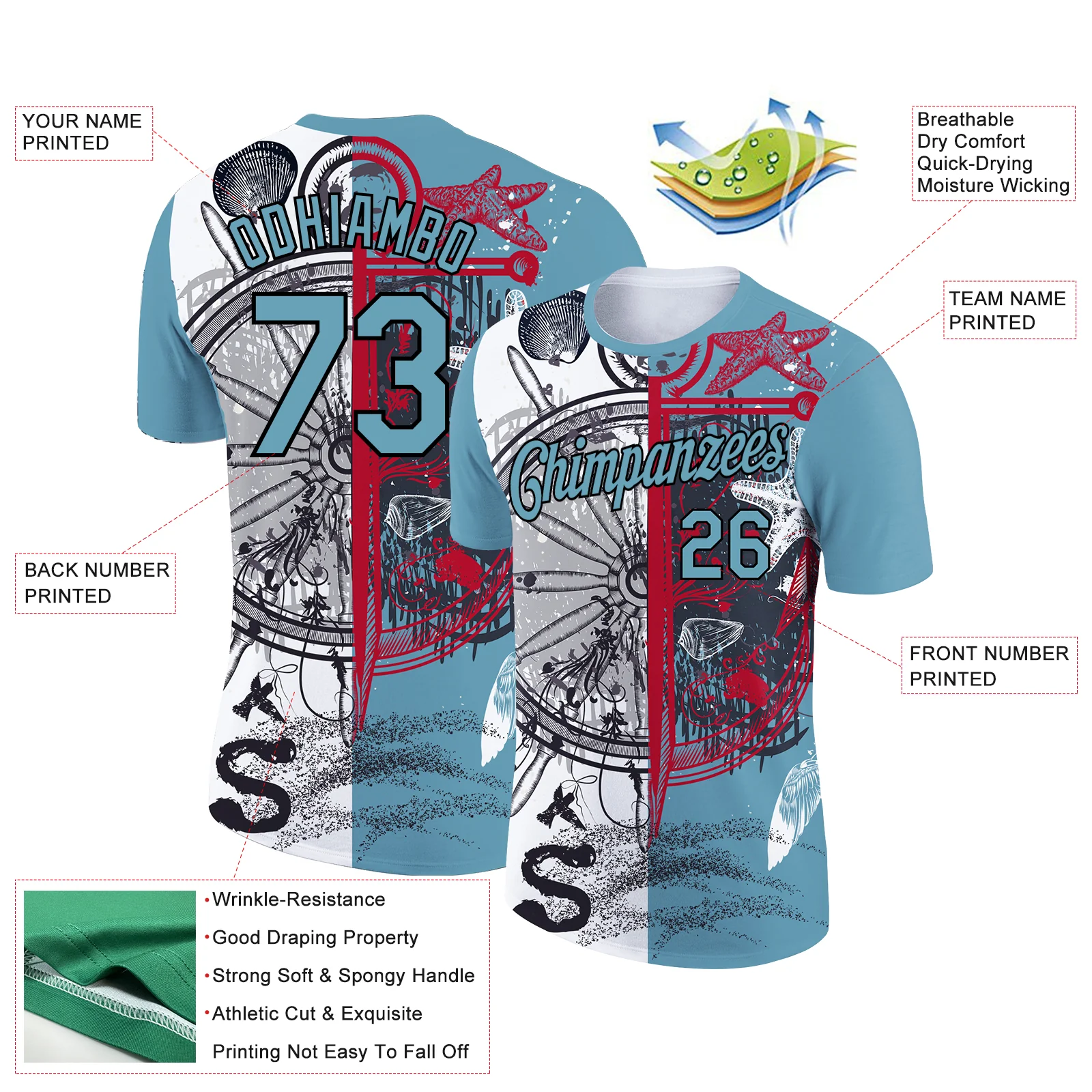 Custom Shadow Blue Black 3D Pattern Design Sailing Compass Columbus Day Performance T-Shirt - Image 2