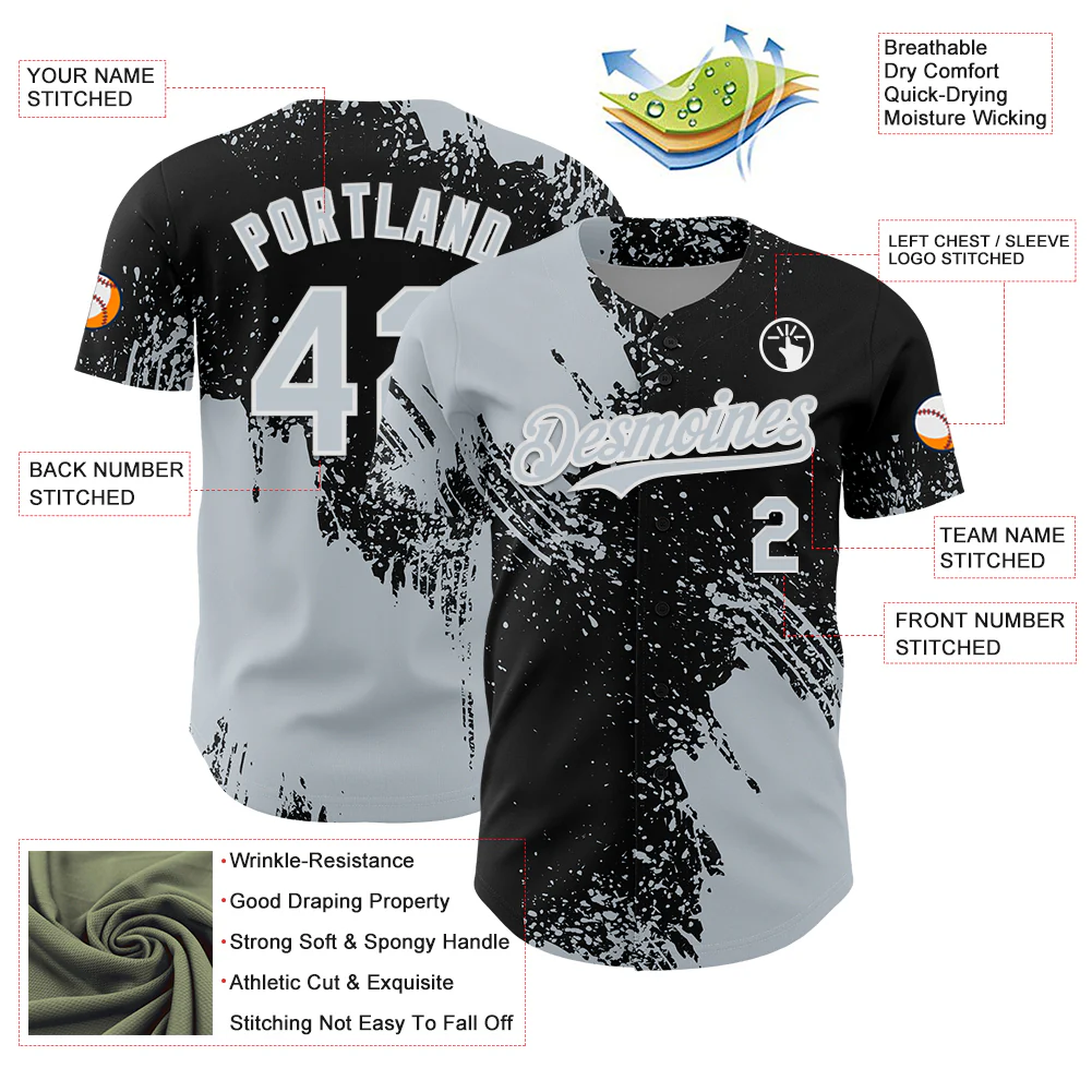 Custom Silver Black-White 3D Pattern Design Abstract Brush Stroke Authentic Baseball Jersey - Image 3