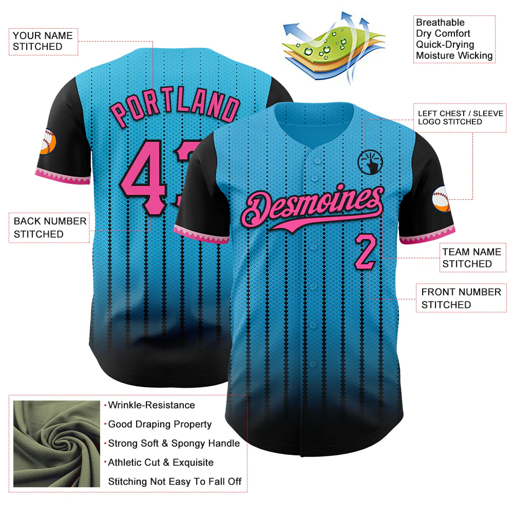 Custom Sky Blue Pink-Black 3D Pattern Design Gradient Geometric Shape Authentic Baseball Jersey - Image 3