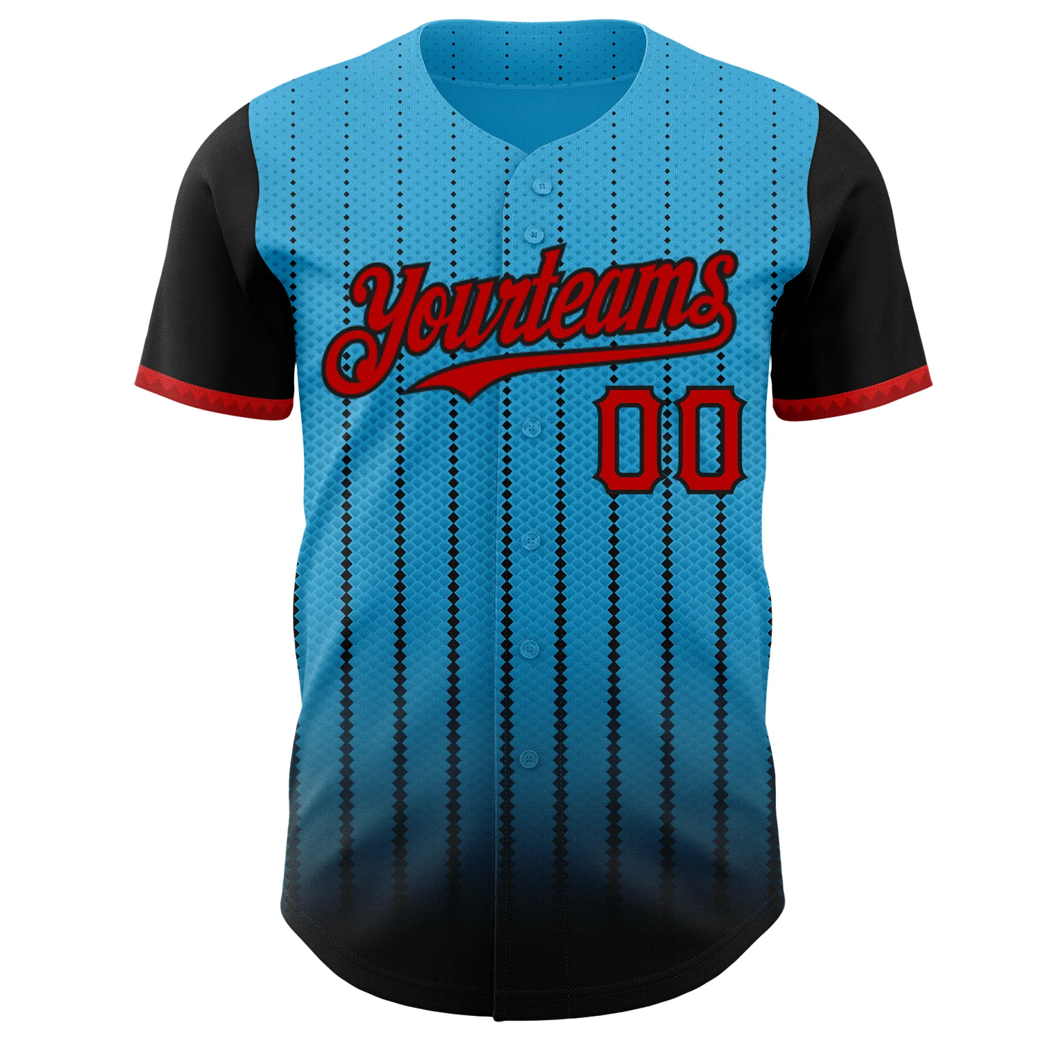 Custom Sky Blue Red-Black 3D Pattern Design Gradient Geometric Shape Authentic Baseball Jersey - Image 2