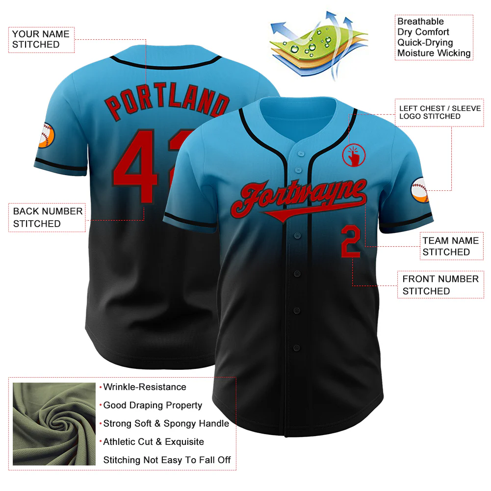 Custom Sky Blue Red-Black Authentic Fade Fashion Baseball Jersey - Image 3