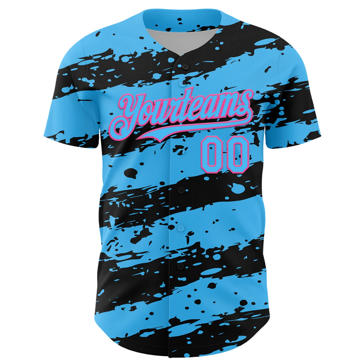 Custom Sky Blue Black-Pink Paint Splash Stripe Authentic Baseball Jersey - Image 2
