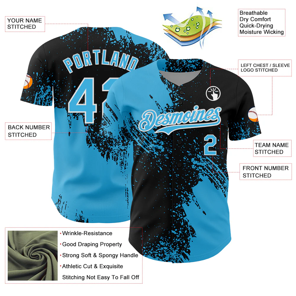 Custom Sky Blue Black-White 3D Pattern Design Abstract Brush Stroke Authentic Baseball Jersey - Image 3