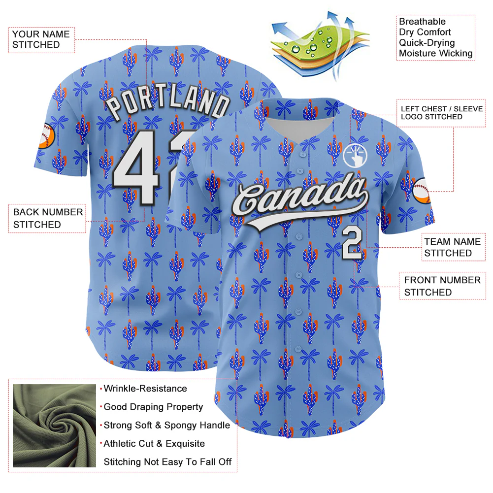 Custom Light Blue White-Black 3D Hawaii Tropical Palm Tree And Cactus Authentic Baseball Jersey - Image 3
