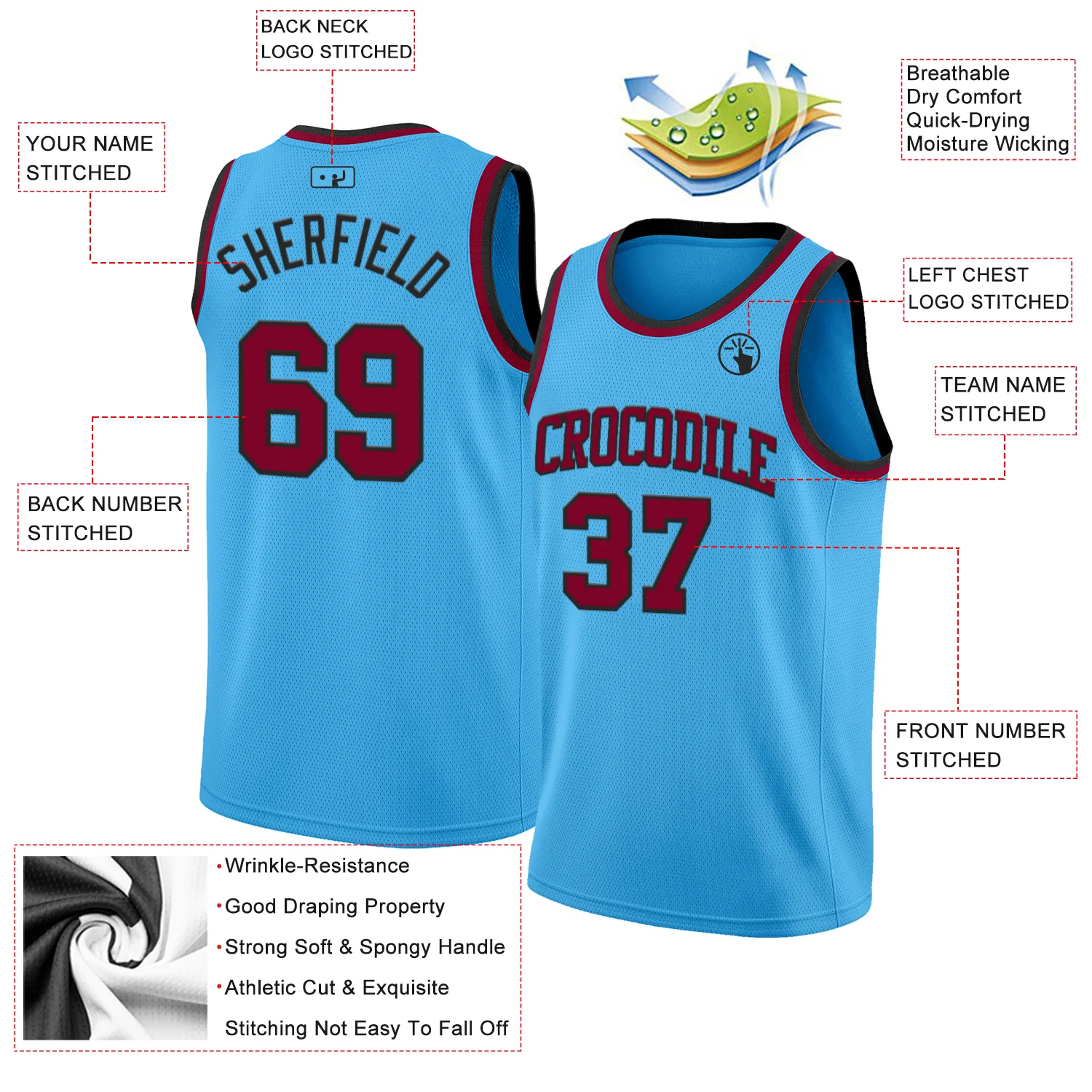 Custom Sky Blue Maroon-Black Authentic Basketball Jersey - Image 2