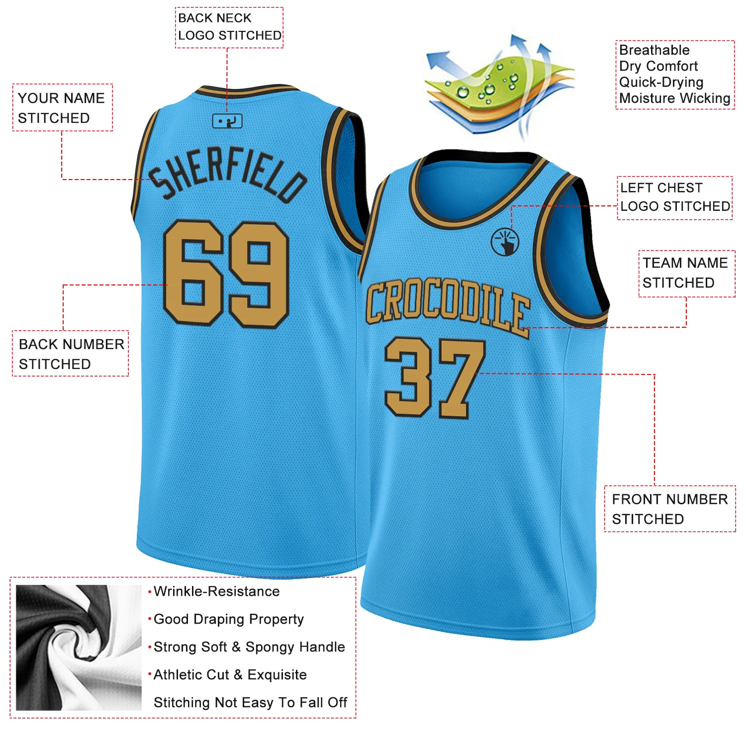 Custom Sky Blue Old Gold-Black Authentic Basketball Jersey - Image 2