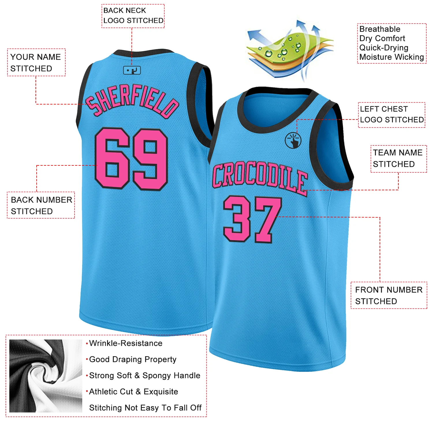 Custom Sky Blue Pink-Black Authentic Basketball Jersey - Image 2