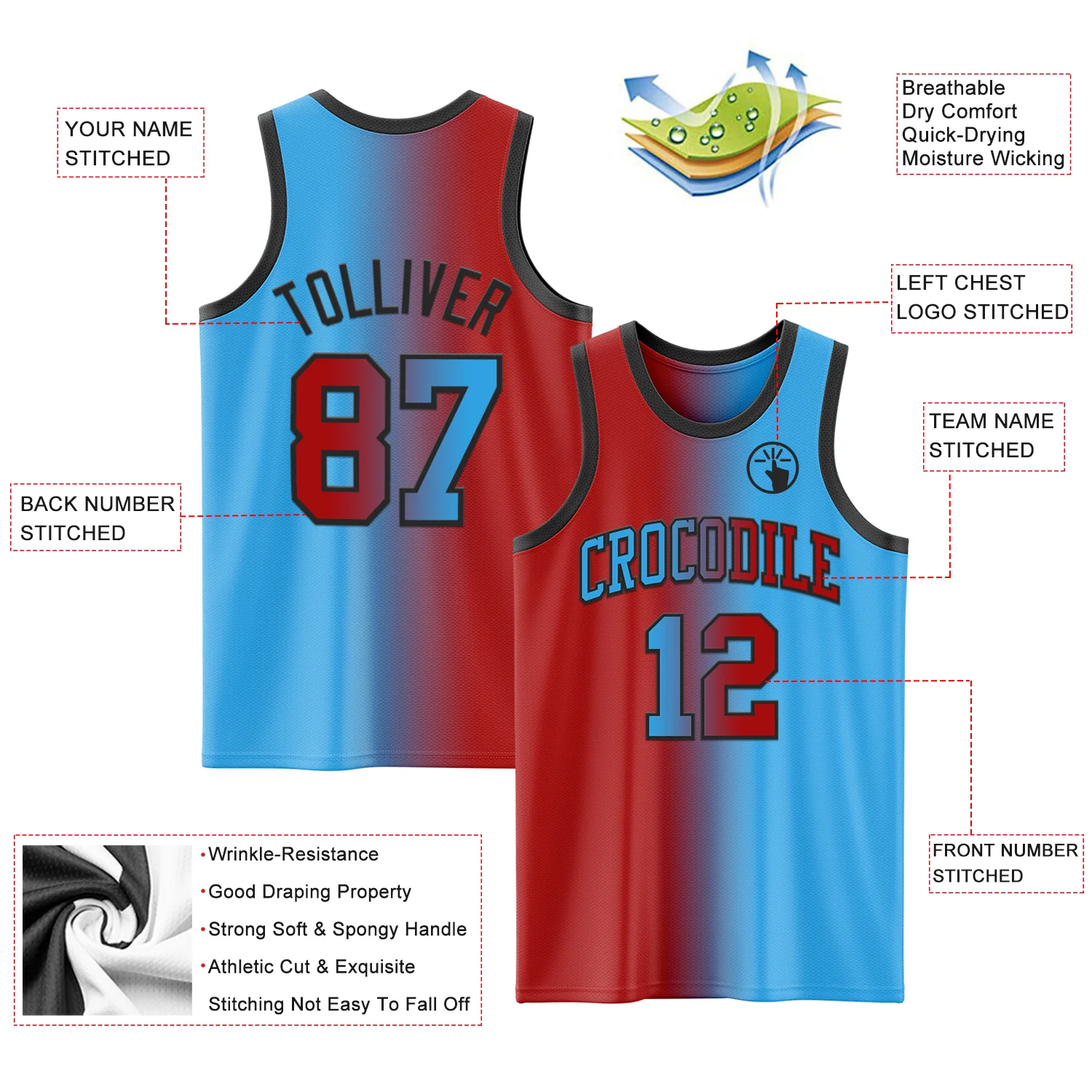 Custom Sky Blue Red-Black Authentic Gradient Fashion Basketball Jersey - Image 3
